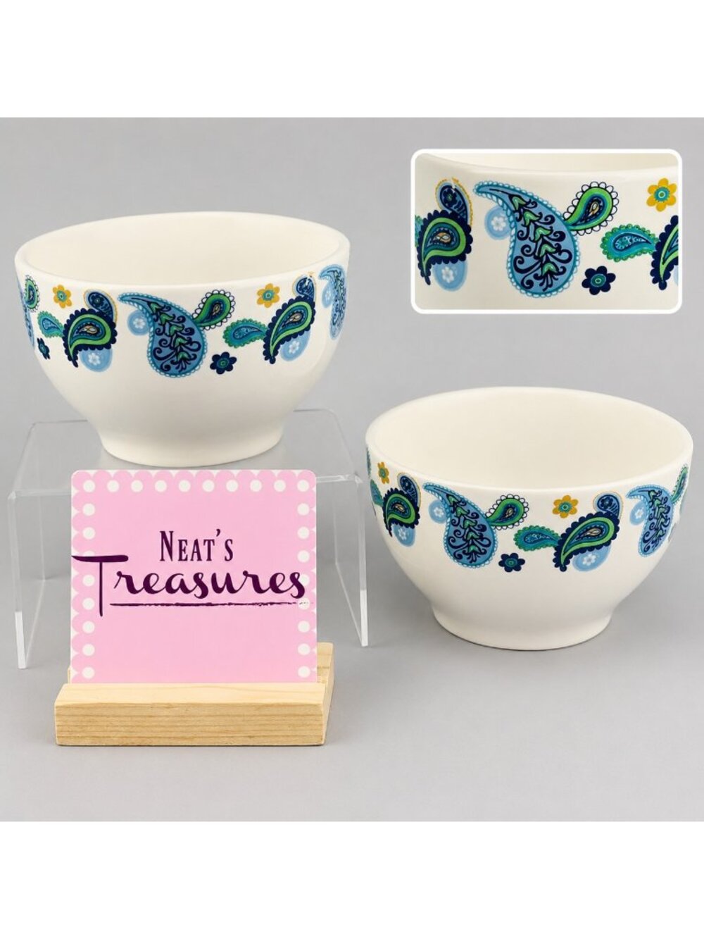 Royal Norfolk RNF124 Blue Green Paisley Stoneware Round Soup Cereal Bowls Set 2